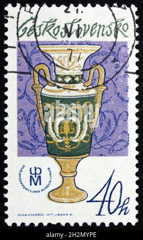 CZECHOSLOVAKIA - CIRCA 1977: a stamp printed in Czechoslovakia shows Vase, Czechoslovak Porcelain and Porcelain Mark, circa 1977 Stock Photo