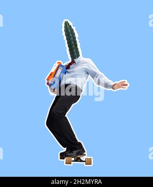 Contemporary art collage of man, employee with cactus head in official suit standing on skateboard, holding folders isolated over blue background Stock Photo
