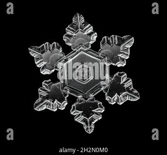 White snowflake isolated on black background. Illustration based on macro photo of real snow crystal: elegant star plate with short, broad arms Stock Photo