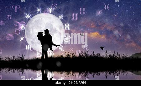 Astrological zodiac signs inside of horoscope circle. Couple or Lover over the zodiac wheel and milky way background. The power of the universe concep Stock Photo