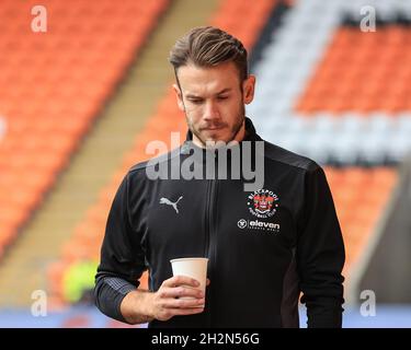 Chris Maxwell #1 of Blackpool arrives at Bloomfield Road ahead of the Lancashire derby Stock Photo