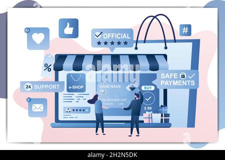 Modern laptop with e-commerce application and shopping people with credit card,e-shop with safe payments,male and female characters in trendy simple s Stock Vector