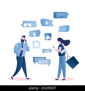 Communication with smartphones,walking male and female characters,social network signs and marks,trendy style vector illustration Stock Vector