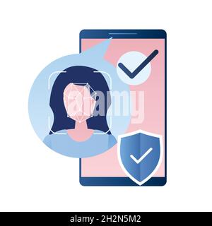 Female face on big smartphone screen,Face id concept background,Personality Recognition,modern cellphone with security system,vector illustration Stock Vector
