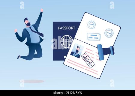 Open passport with stamp -accepted, happy businessman with visa approved document,male character jumping,crossing the border concept, trendy style vec Stock Vector