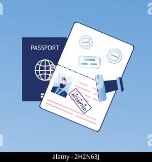 Open passport with stamp -accepted, visa approved,crossing the border concept, trendy style vector illustration Stock Vector