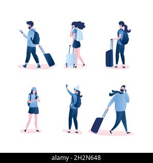 Set of people travelers,male and female characters with backpacks,suitcases and smartphones.Human in various poses.Isolated on white background.Trendy Stock Vector