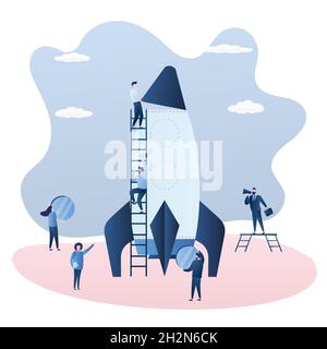 Business startup development and teamwork,male and female characters in trendy simple style,rocket building,vector illustration flat design Stock Vector