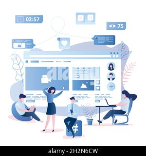 Various people with smart gadgets,web page with media content and signs on background,male and female characters,chatting in social network concept,tr Stock Vector