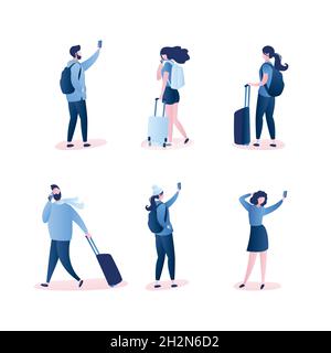 Set of people travelers,male and female characters with backpacks,suitcases and smartphones.Human in various poses.Isolated on white background.Trendy Stock Vector