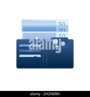 Wallet with money.Credit cards, coins and banknotes in an open pocket wallet, trendy style vector illustration Stock Vector