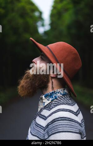 Hipster man with brown beard wearing hat Stock Photo