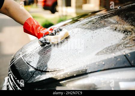 Male hand in red gloves holds sponge over black car for washing. Stock Photo