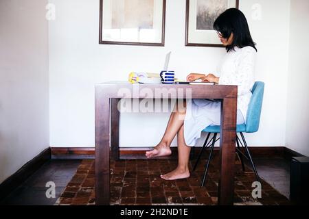 Female freelancer using laptop at home office Stock Photo