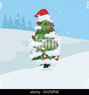 Snow falling on Christmas tree illustration Stock Vector