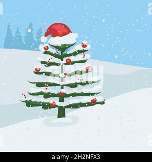 Snow falling on Christmas tree clip art Stock Vector