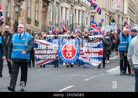 Glasgow, Scotland, UK. 23rd October, 2021. Campaigners taking part in the Unionist-Loyalist Coalition march through the streets of the city from Haugh Street to George Square to protest against the Irish Sea Border and the Northern Ireland Protocol. Credit: Skully/Alamy Live News Stock Photo