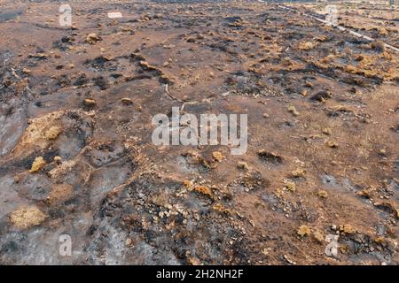 Aerial view of brown barren landscape after wildfire Stock Photo