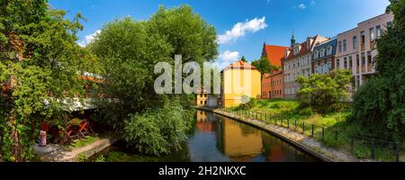 Panorama of sunny Mill Island in Old town of Bydgoszcz, Poland Stock Photo