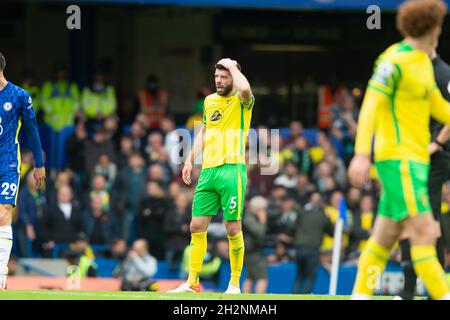 London, UK. 23rd Oct, 2021. Grant Hanley of Norwich City looks dejected during the Premier League match between Chelsea and Norwich City at Stamford Bridge, London, England on 23 October 2021. Photo by Salvio Calabrese. Editorial use only, license required for commercial use. No use in betting, games or a single club/league/player publications. Credit: UK Sports Pics Ltd/Alamy Live News Stock Photo