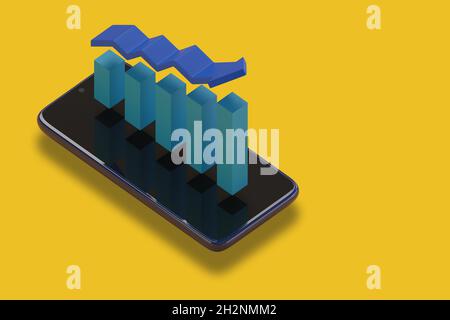 Mobile phone with bar chart in three dimensions. Isometric projection. 3d illustration. Stock Photo