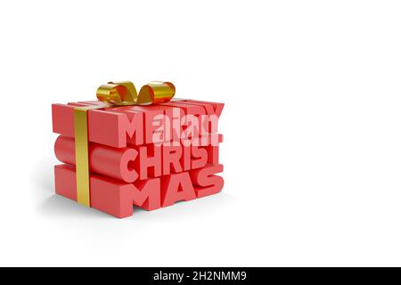 Gift box with merry christmas text in three dimensions isolated on white background. 3d illustration. Stock Photo