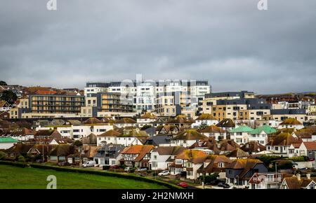 Art deco building above housing estate Stock Photo