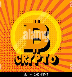Crypto comic bitcoin vector illustration on a halftone background Stock Vector