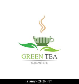leaf shoots green organic tea mug leaf logo symbol design idea Green tea vector logo template. Design with leaf and cup symbol. Stock Vector