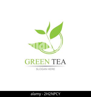 leaf shoots green organic tea mug leaf logo symbol design idea Green tea vector logo template. Design with leaf and cup symbol. Stock Vector
