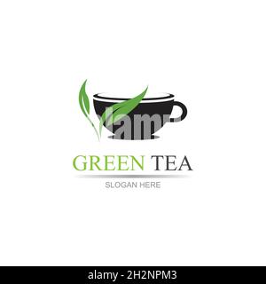 leaf shoots green organic tea mug leaf logo symbol design idea Green tea vector logo template. Design with leaf and cup symbol. Stock Vector