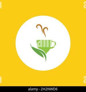 a cup of green tea leaves on a yellow background Stock Vector