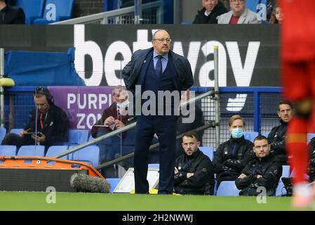 Everton, UK. 23rd Oct, 2021. Everton Manager Rafa Benitez looks on. Premier League match, Everton v Watford at Goodison Park in Liverpool on Saturday 23rd October 2021. this image may only be used for Editorial purposes. Editorial use only, license required for commercial use. No use in betting, games or a single club/league/player publications. pic by Chris Stading/Andrew Orchard sports photography/Alamy Live news Credit: Andrew Orchard sports photography/Alamy Live News Stock Photo