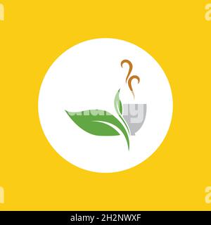 a cup of green tea leaves on a yellow background Stock Vector