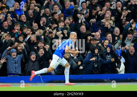 Everton fans celebrate as Richarlison #7 of Everton heads into the net