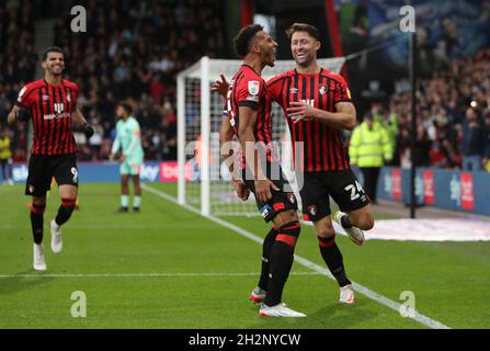 Bournemouth's Lloyd Kelly (centre) celebrates scoring their side's third goal of the game during the Sky Bet Championship match at Vitality Stadium, Bournemouth. Picture date: Saturday October 23, 2021. Stock Photo