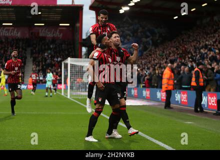 Bournemouth's Lloyd Kelly (centre) celebrates scoring their side's third goal of the game during the Sky Bet Championship match at Vitality Stadium, Bournemouth. Picture date: Saturday October 23, 2021. Stock Photo