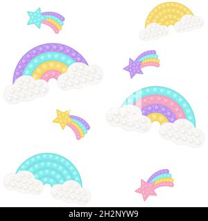 Pop it background as a fashionable silicon fidget toys. Addictive anti-stress toy in pastel colors. Bubble popit background with rainbow, star, unicor Stock Vector