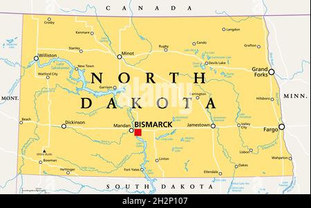 North Dakota, ND, political map, with capital Bismarck. State in the upper Midwest subregion of the United States of America, Peace Garden State. Stock Photo