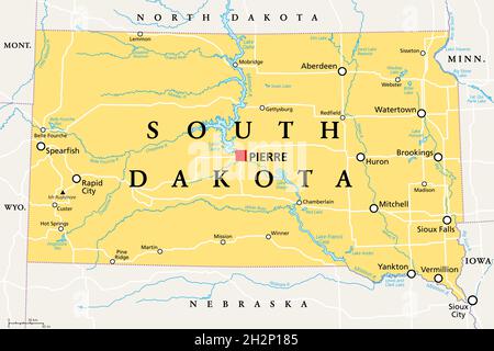 South Dakota, SD, political map, with capital Pierre, and largest city Sioux Falls. State in the upper Midwestern subregion of the United States. Stock Photo