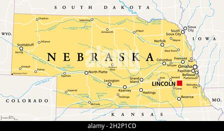 Nebraska, NE, political map with the capital Lincoln and the largest city Omaha. Triply landlocked State in the Midwestern subregion of United States. Stock Photo