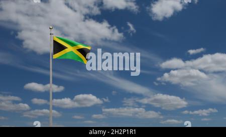 3D, Jamaican flag waving on wind with blue sky and clouds. Close up of Jamaica banner blowing, soft and smooth silk. Cloth fabric texture ensign backg Stock Photo