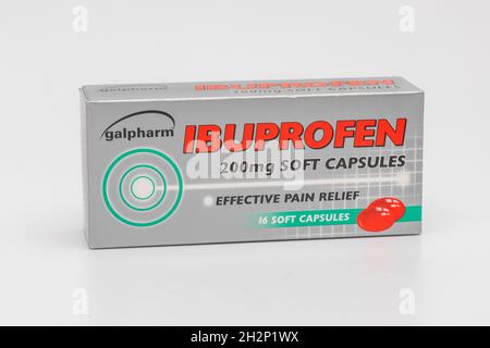 A box of  16 galpharm Ibuprofen 200mg soft capsules Stock Photo