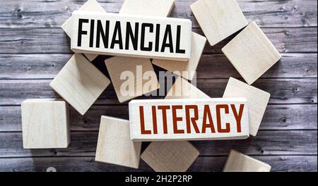 Financial literacy is written on wooden blocks. Education concept. Stock Photo