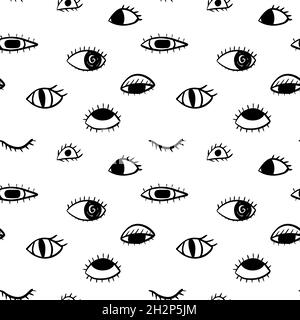 Mystic eyes seamless pattern. Isolated on white vector illustration. Abstract doodle background. Stock Vector