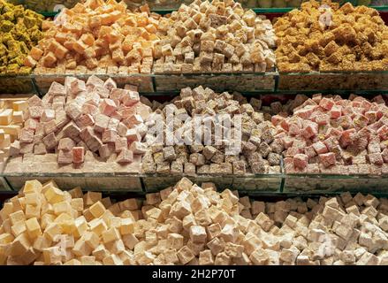 Traditional turkish delights sweets at the Egyptian Bazaar and the Grand Bazaar in Istanbul, Turkey. Stock Photo