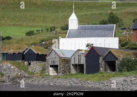 Traditional boat sheds in Bour, Vagar Island, Faroe Islands, Scandinavia, Europe. Stock Photo