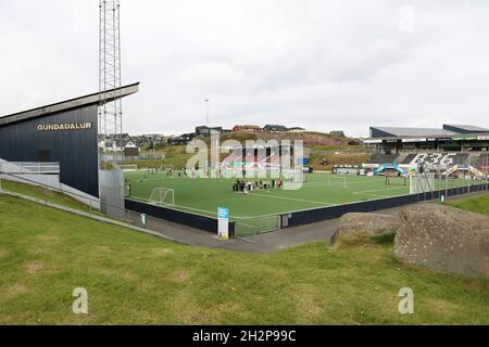 View of Gundadalur  Football Stadium,T—rsv¿llur, Torsvollur, Torshavn, Streymoy, Faroe Islands, Scandinavia, Europe. Stock Photo