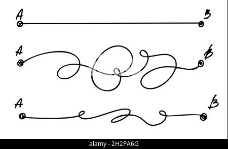 Simple and hard ways from the point a to the point b. Messy and straight success route concept. Simple vector doodle paths. Stock Vector