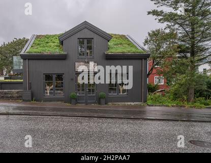 Reykjavik, Iceland – September 22, 2021:  View of the grass roofed restaurant, “Rok”, in the downtown Stock Photo